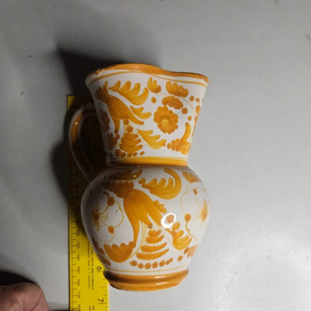 Vintage Italian Majolica Ceramic Pitcher Hand Painted Ochre Bird Floral Italy